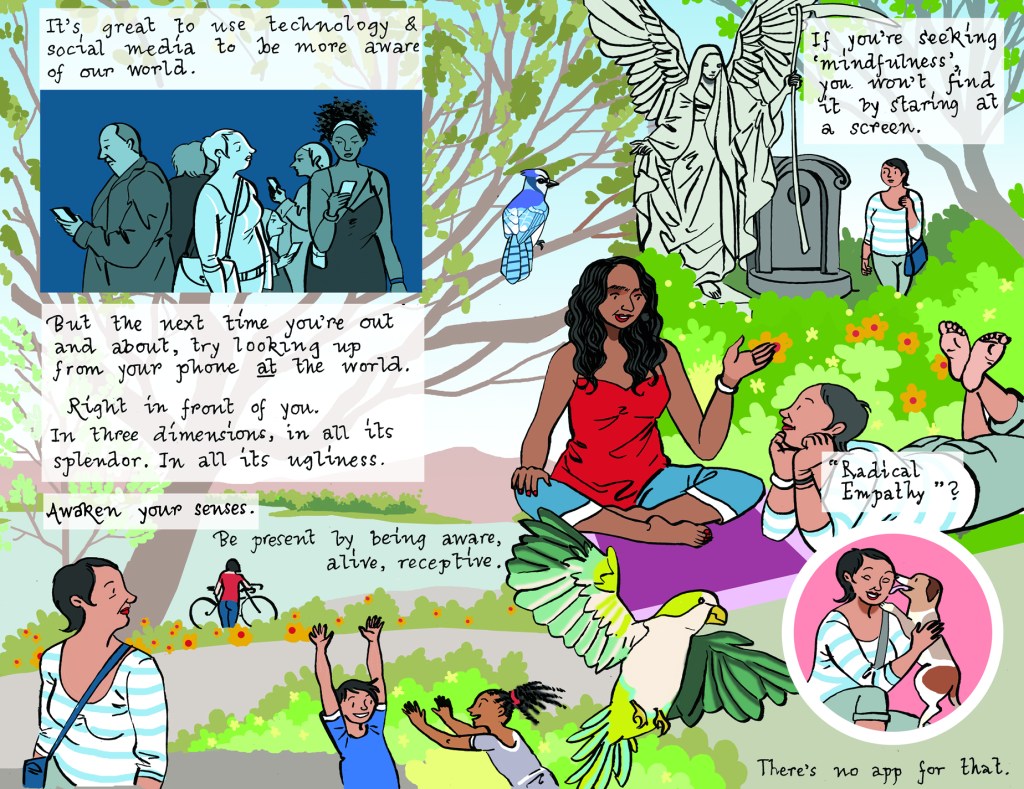 Image by Bishakh Som shpwing two women enjoying life in the oudoors, saying 'Radical empathy? There's no app for that'.