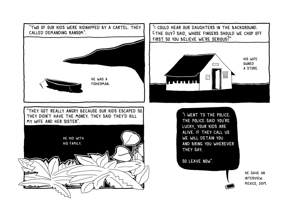 Image by Tracy White.Four frames depicting the story of Mexican refugees whose kids were kidnapped by a cartel and got no help from the police.